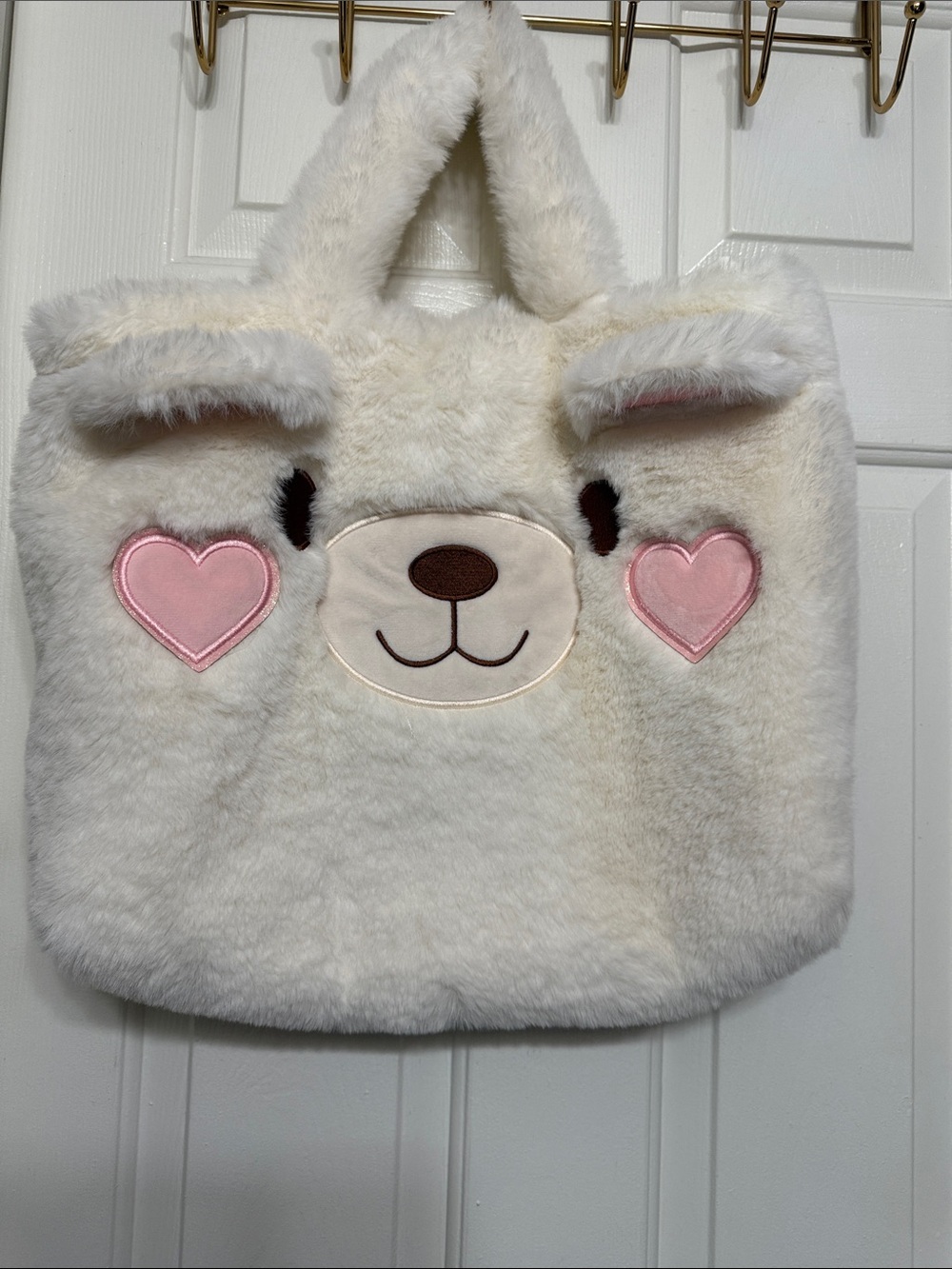 Cute White Plush Animal Tote with Pink Heart Cheeks